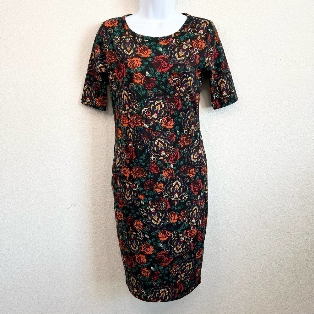 𝅺lularoe Julia Floral Rose Body Con Fitted Mini Dress Stretch XS Casual